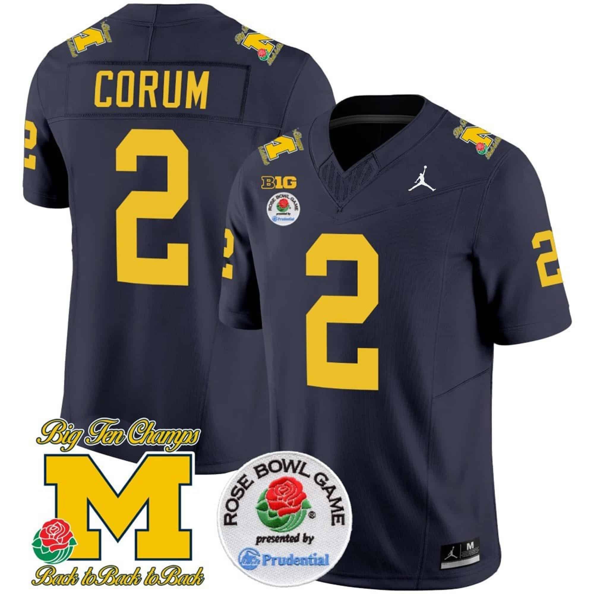 Men Michigan Wolverines #2 Corum Drak Blue 2024 Rose Bowl Patch Vapor Limited NCAA Jersey